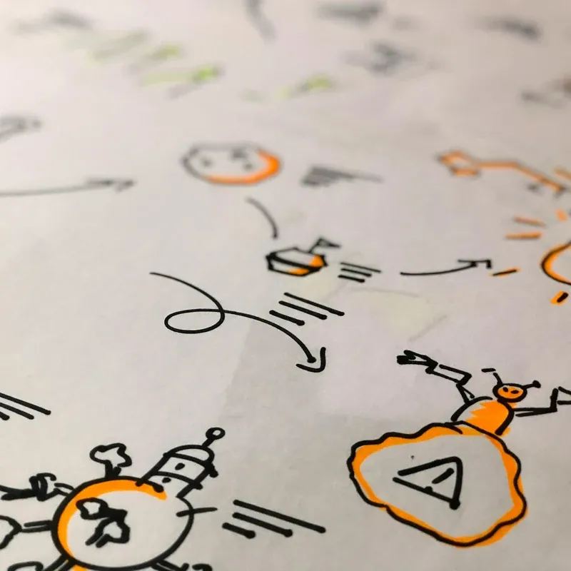 Boceto dibujado a mano de un flujo automatizado con personajes robóticos